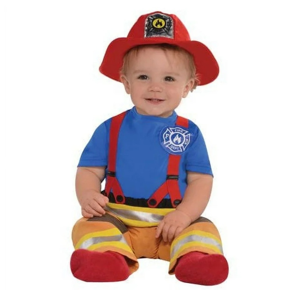 Amscan Firefighter Baby Boy Halloween Costume for Kids 6-12 Months: Jumpsuit Hat